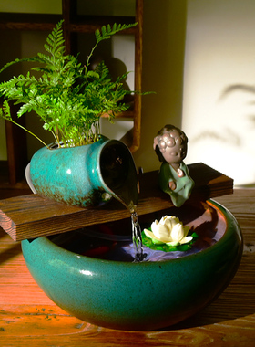 古法养鱼陶罐循环流水器摆件客厅电视柜桌面小鱼缸新W中式陶瓷装