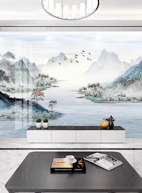 3d客厅电视背景墙壁纸新中式壁画影D视墙壁布8D墙纸新款山水画墙