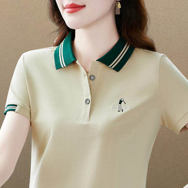翻领短袖t恤女夏季2023新款薄夏季纯色宽松带领女士短款polo衫T