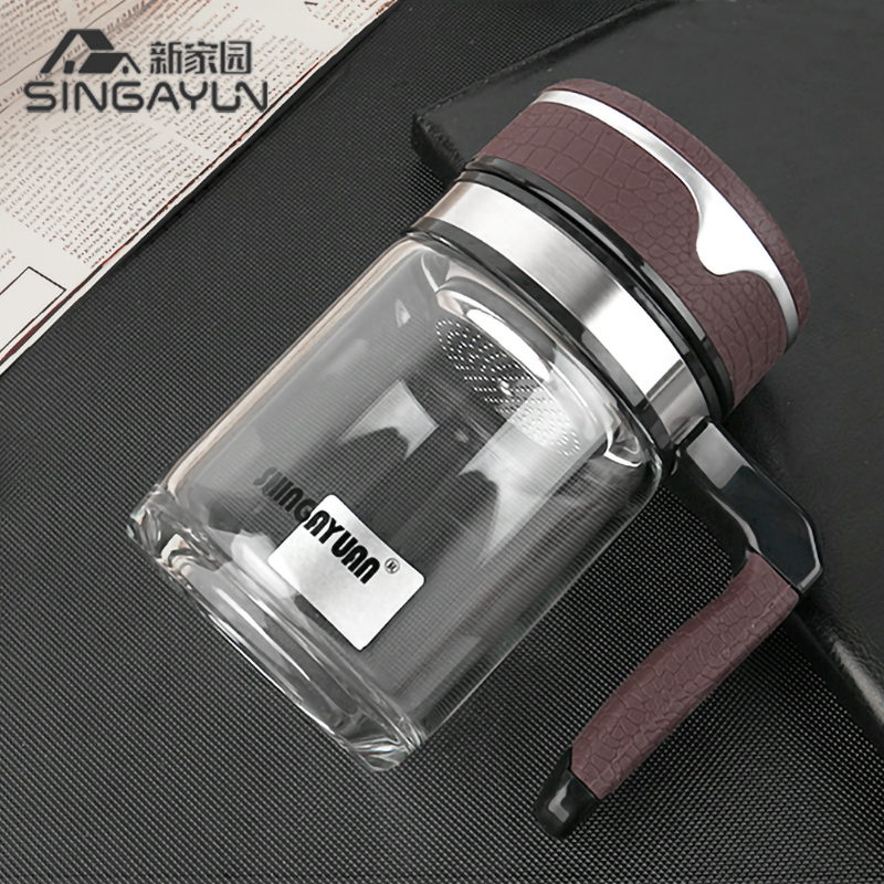 新家园带手把透明玻璃杯男女w单双层茶杯子手柄有盖大容量办公防