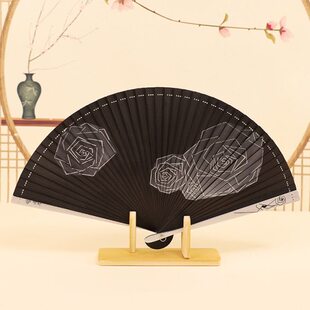 便携风折扇黑色全国潮中国风fan竹文创扇子定制度玫瑰古风送礼