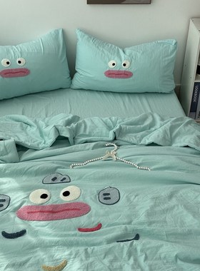 夏季可爱个性绿色小丑鱼毛巾绣轻薄夏凉被四件R套可机洗空调被夏