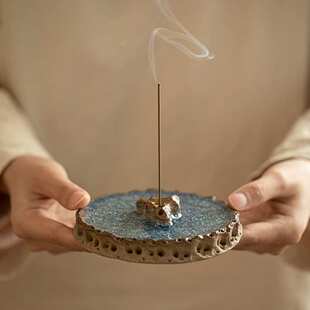 老岩泥手工蓝结晶太湖石香插线香插盖置茶桌摆件装饰品陶瓷茶配件