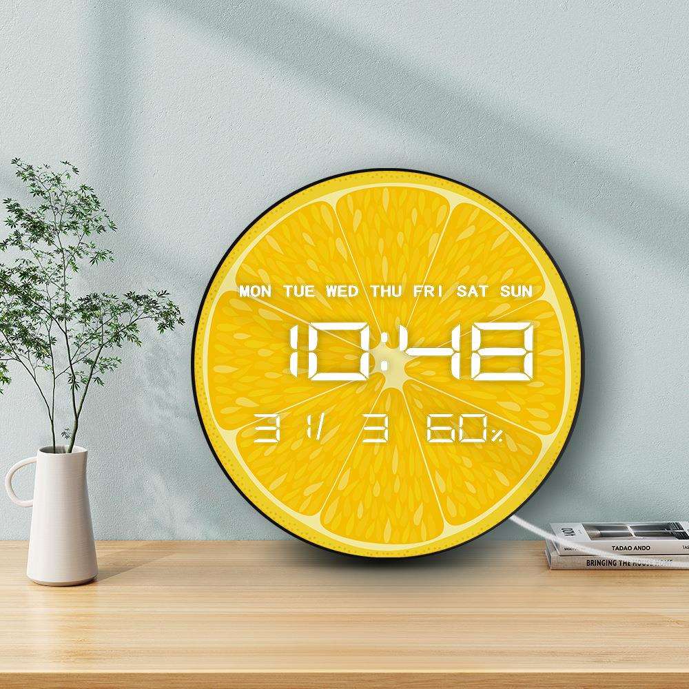 水果切片图案简约客厅挂钟电子多功能家用时钟带温度湿度静音墙钟