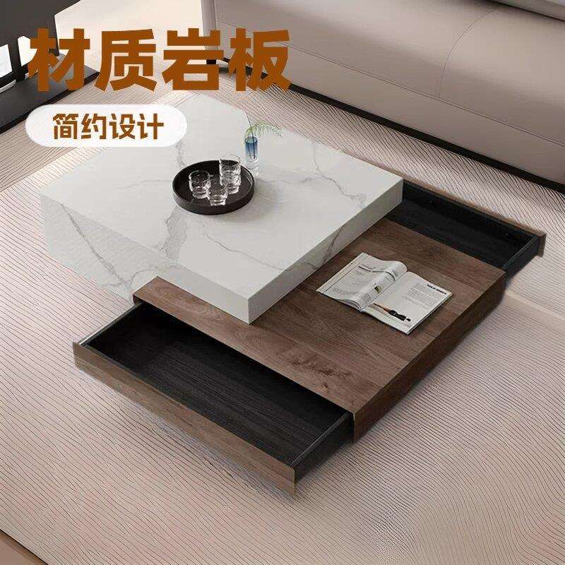 小户型客厅简约伸缩家用组合仿实木意式现代轻奢方形高级储物茶几