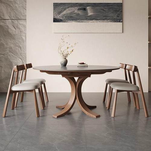 圆形可伸缩折叠岩板餐桌实木小户型现代简约轻奢方圆两用可变圆桌