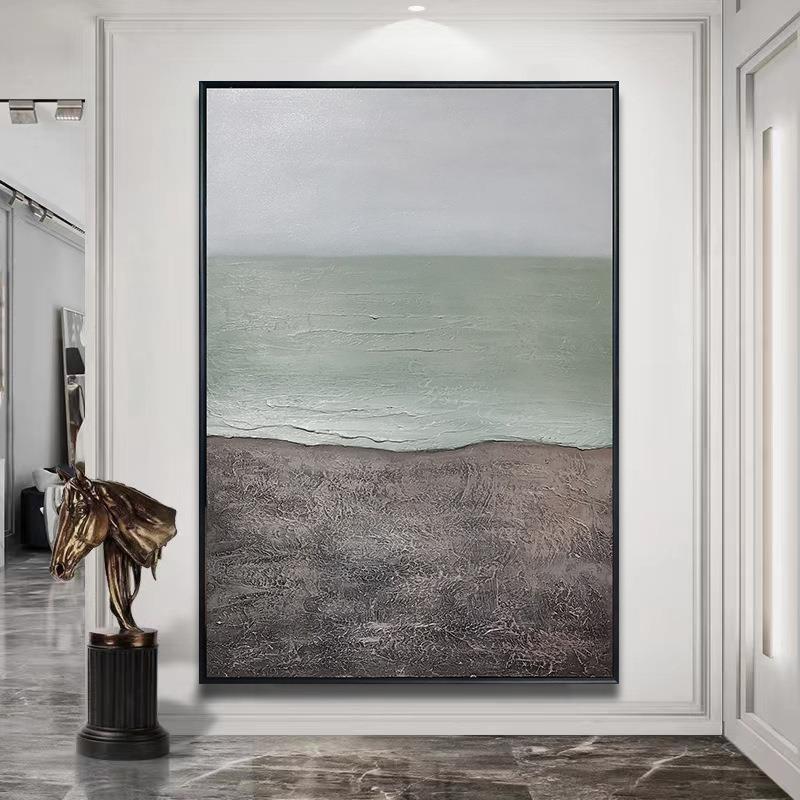 纯手绘海景油画客厅玄关竖款大尺寸装饰画现代简约高级灰色挂画