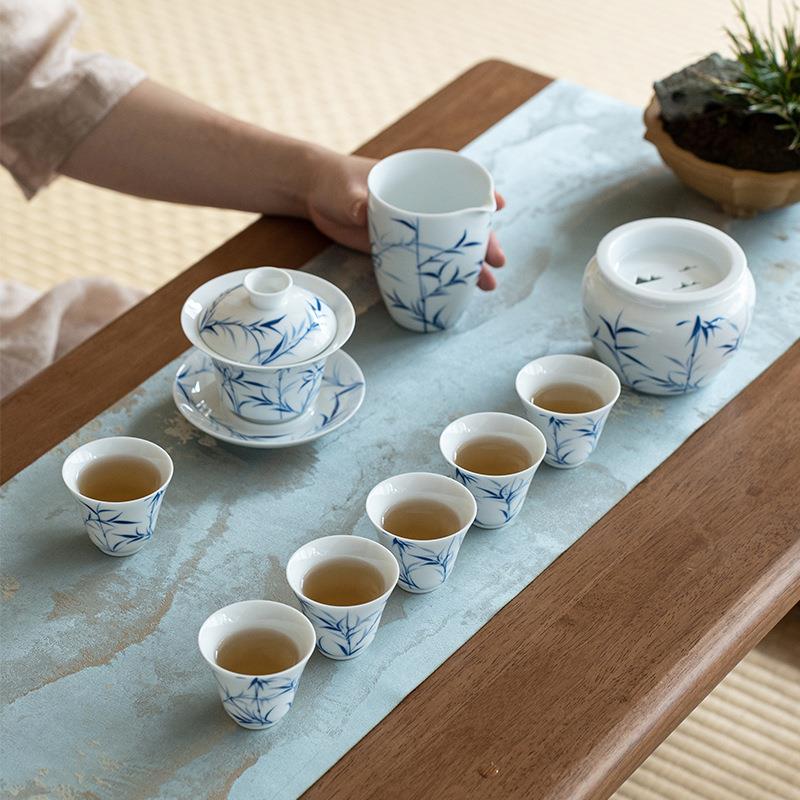 甜白手绘兰竹 盖碗茶杯茶具套装 白瓷品茗杯家用送礼套组 竹影