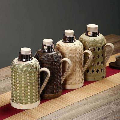 竹编热水瓶家用手工传统木塞水壶茶室办公室保温瓶玻璃内胆热夷陵