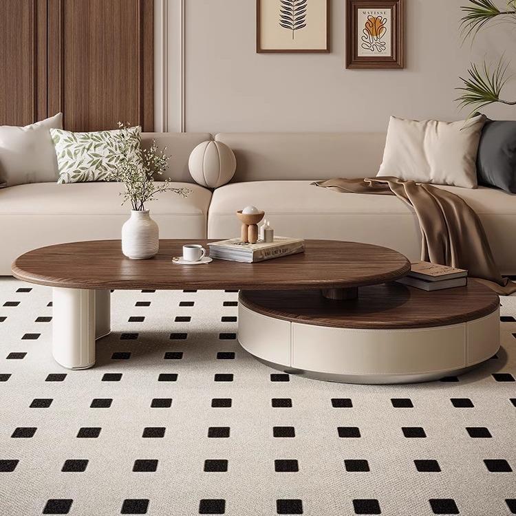 小户型客厅高端简约马鞍皮复古风茶几中古风胡桃木纹伸缩圆形茶几