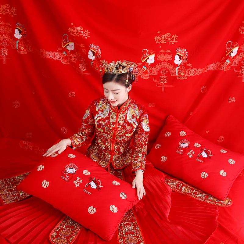厂家直销新款婚庆立体结婚枕头抱枕 羽丝棉全棉婚庆用大红枕芯
