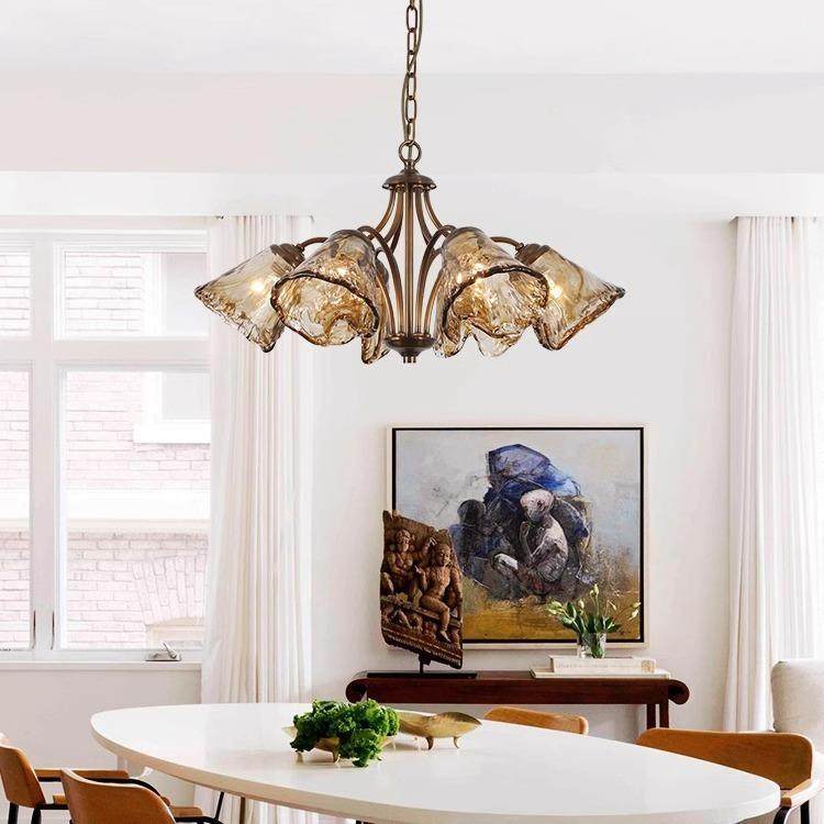 美式全铜轻奢客厅吊灯法式田园复古茶色玻璃别墅卧室餐厅护眼灯具
