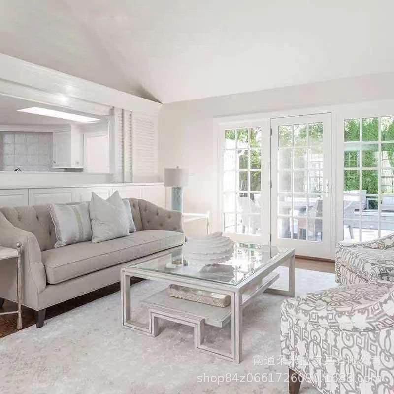 美式乡村实木雕花电视柜茶几组合白色复古做旧橡木喝茶茶几