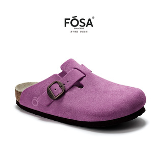 FOSA女生软木拖鞋牛皮真皮小码勃肯鞋粉色款2026春秋一脚蹬博肯鞋