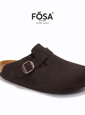 FOSA（女鞋）软木半拖鞋真皮牛皮单鞋一脚蹬黑色勃肯鞋女生博肯鞋
