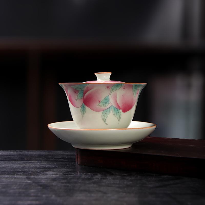 秘黄汝窑粉桃三才盖碗汝瓷二才敬茶杯陶瓷大号单复古泡茶碗冲茶器