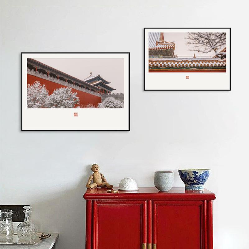 银装素裹 新中式客厅装饰画 中国红故宫建筑壁画现代中式玄关挂画