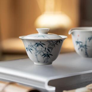 观岚草木灰手绘蓝竹二才盖碗青花陶瓷泡茶碗不烫手茶具小号茶碗
