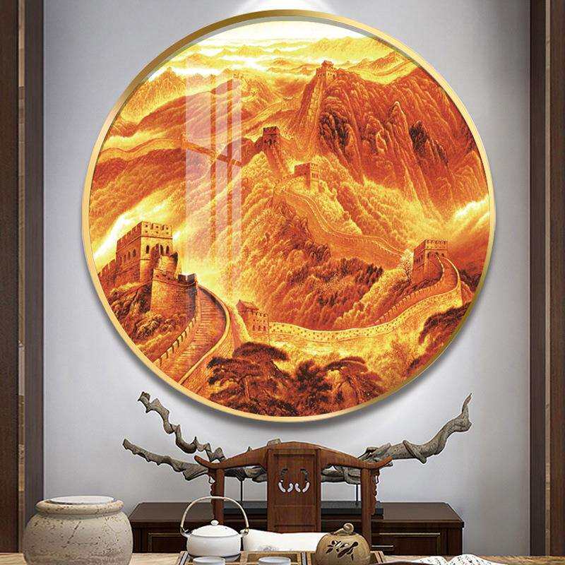 国画山水画金色圆形万里长城图壁画玄关装饰画风水靠山办公室挂图