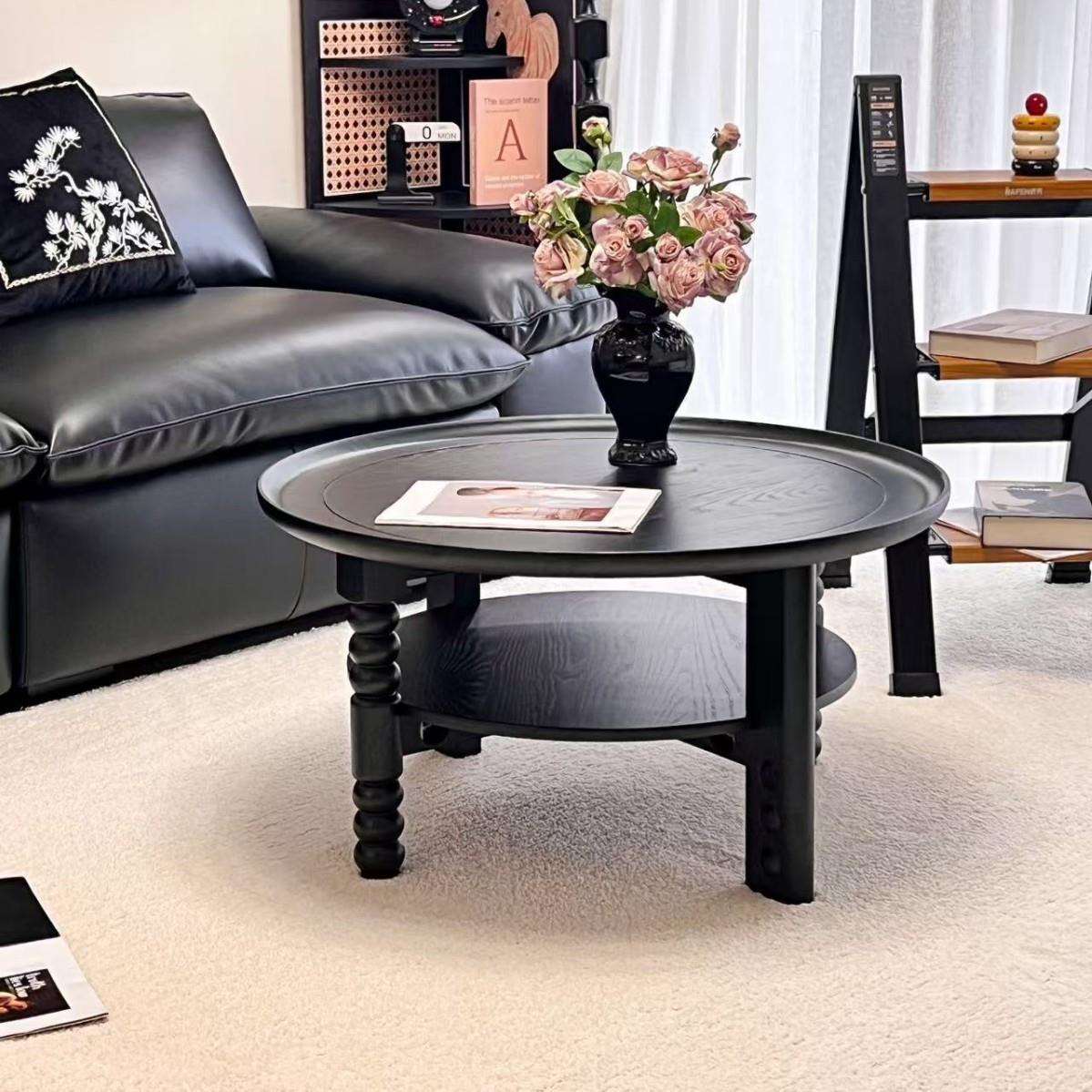 法式复古实木茶几圆形美式茶桌黑色小桌子小户型客厅茶几2024新款