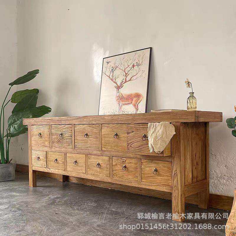 中式老榆木电视柜原木靠墙玄关柜民宿家用收纳储物柜实木柜子边柜