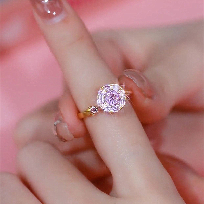 高级感抖音爆款轻奢时尚旋转气质粉色戒指超闪满R钻开口指环个性