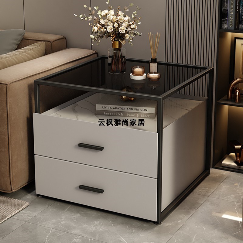 现代简约方形g极简床头柜铁艺钢化玻璃茶几皮质免安装客厅沙发边