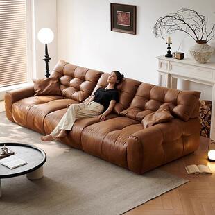 奈丘大黑熊沙发超深坐宽直排油蜡猫抓皮焦糖色云朵可移动靠背沙发