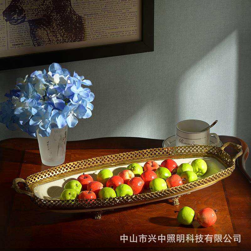 欧式古典奢华高端陶瓷镶铜果盆摆件装饰花盆双耳果盘纯铜艺术品