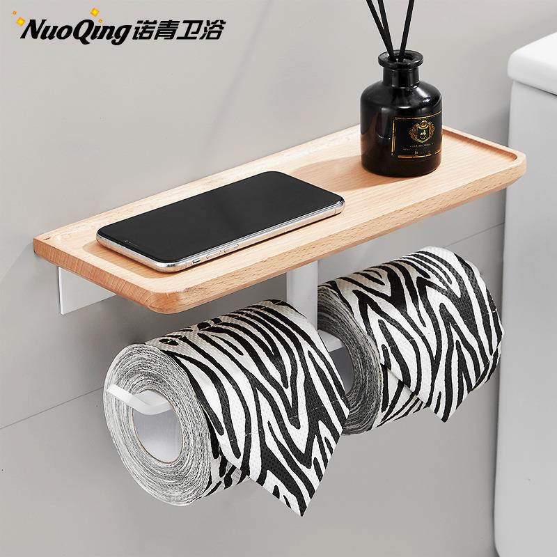 免打孔日式榉木厕所纸巾架卷纸架家用卫生间壁挂式手机收纳架实木