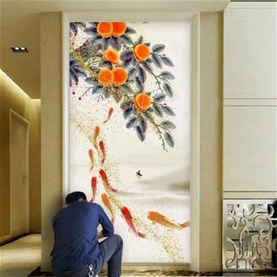 中式玄关走廊过道背景墙壁纸事事如意九鱼图壁画竖版进.门墙纸墙