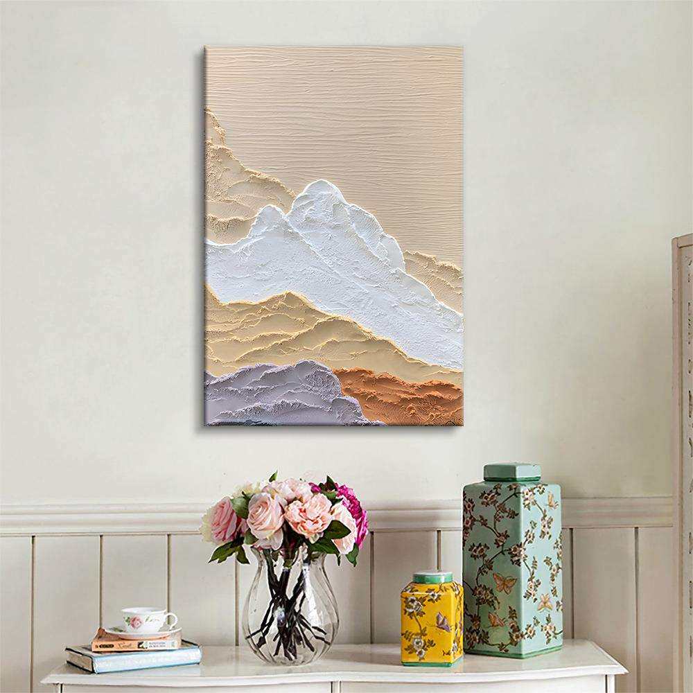 现代简约手绘油画绿白抽象石英砂肌理油画立体暖色系山景装饰画