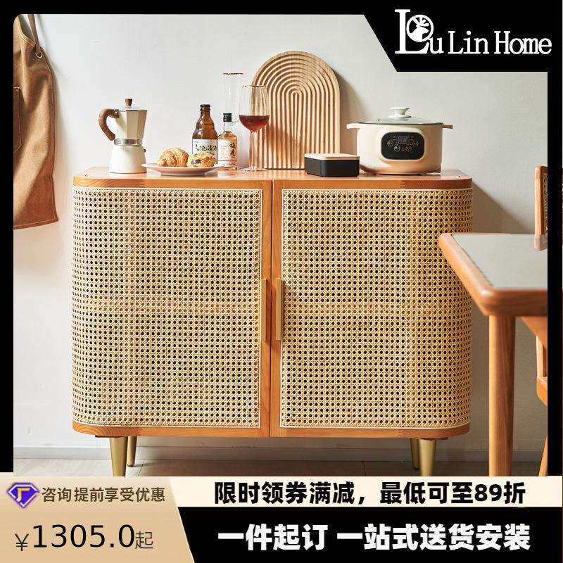 北欧藤编实木餐边柜家用客厅多功能储物柜置物柜子多层双门玄关柜
