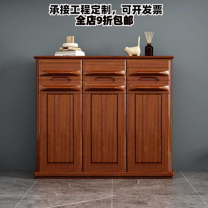中式胡桃木鞋柜实木家用门口玄关柜阳台储物柜简约现代客厅柜子