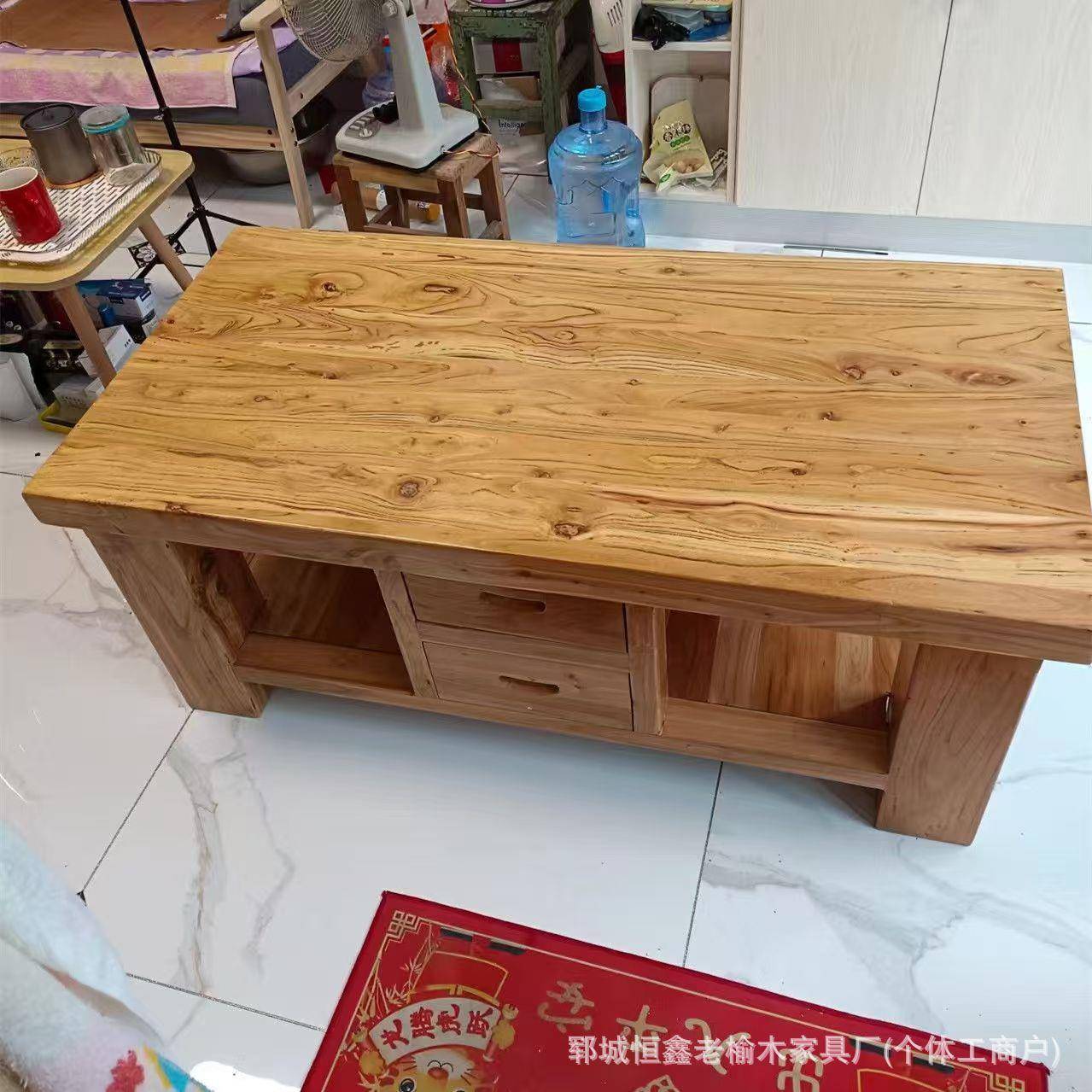 纯实木茶几原木现代简约老榆木家具榫卯结构结实客厅矮木桌