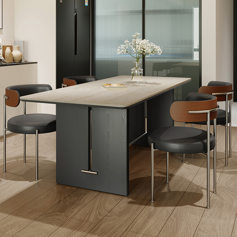 复古风洞石岩板餐桌椅组合小户型长方形意式O简约中古家用实木茶