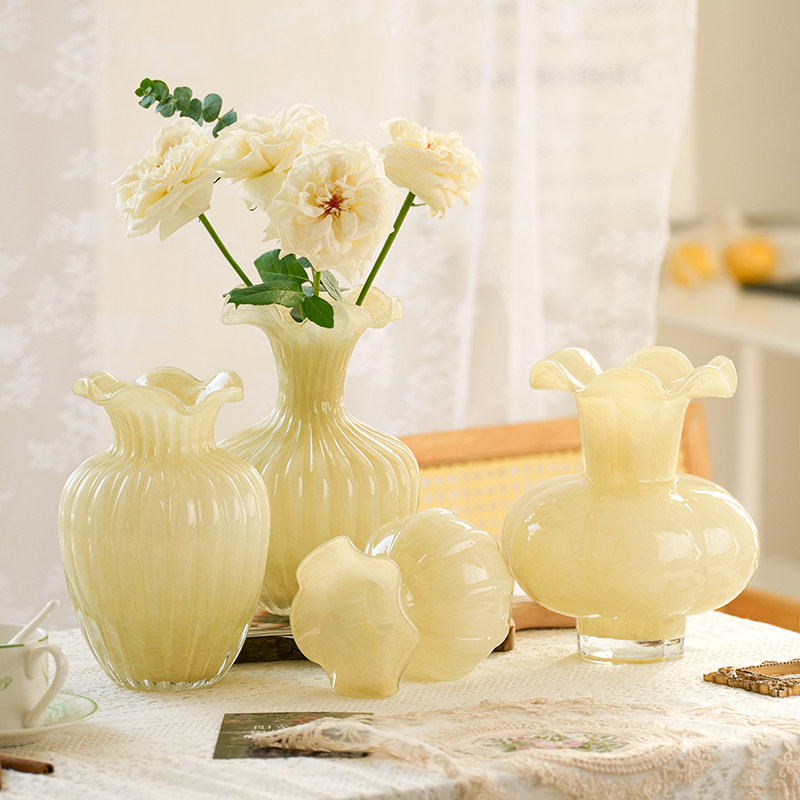 法式中古芬顿奶油玻璃花r瓶客厅创意水养插花琉璃花器餐桌轻奢摆