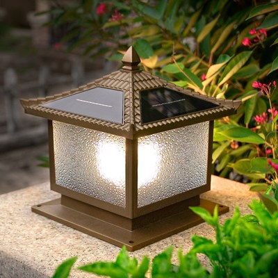 太阳能庭院柱f头灯户外防水新中式围墙灯复古别墅大门口两侧柱子