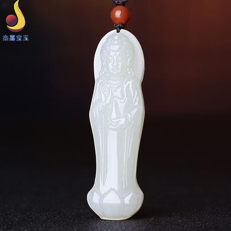 天然和田玉站莲观音吊坠男玉石立体雕刻观音菩萨挂件玉佩牌文玩
