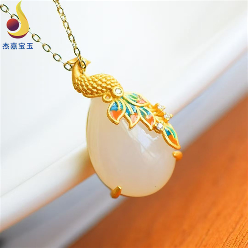 【凤中之王】镶天然新疆和田水滴蛋面凤凰吊坠挂件颈饰古风女证书