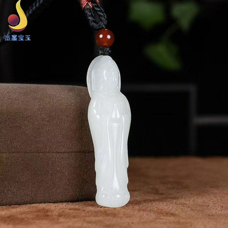 天然和田玉观音立体吊坠男士观音菩萨白玉石挂件项链菩萨玉佩证书