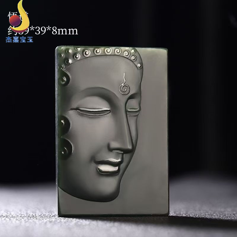 新疆和田玉黑青玉悟道佛牌子吊坠挂件阿弥陀佛福牌精雕哑亮光男女