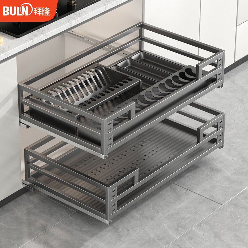 拉篮厨房橱柜304不锈钢双层抽屉式碗架收V纳碟架橱柜碗篮