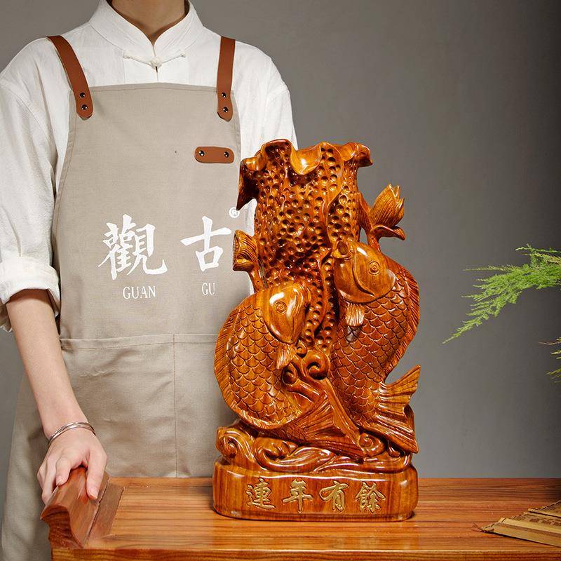 花梨木雕年年有余摆件动物雕刻家居客厅电视柜酒柜装饰乔迁送礼品