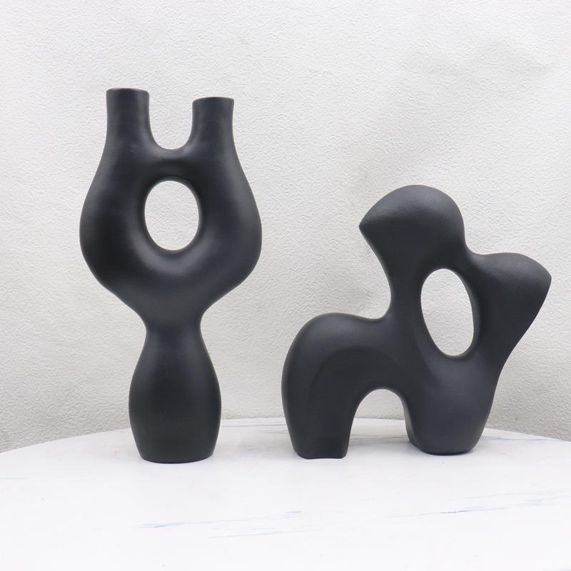 北欧黑白色几何树脂花瓶摆件客厅插花器电视柜样板房家居软装饰品