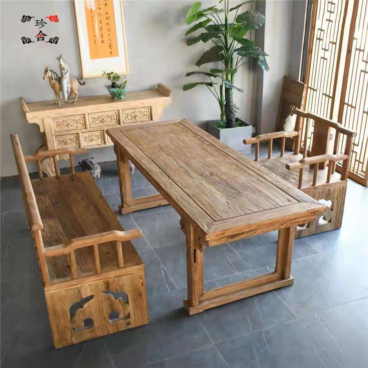 老榆木餐桌桌椅家用实木正方形桌子新中式家具吃饭桌家用吧台