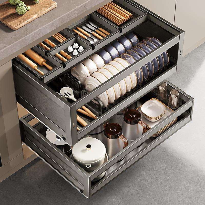 拉篮厨房橱柜抽中抽屉式三层调料太空铝合金厨柜内置物碗碟架碗篮