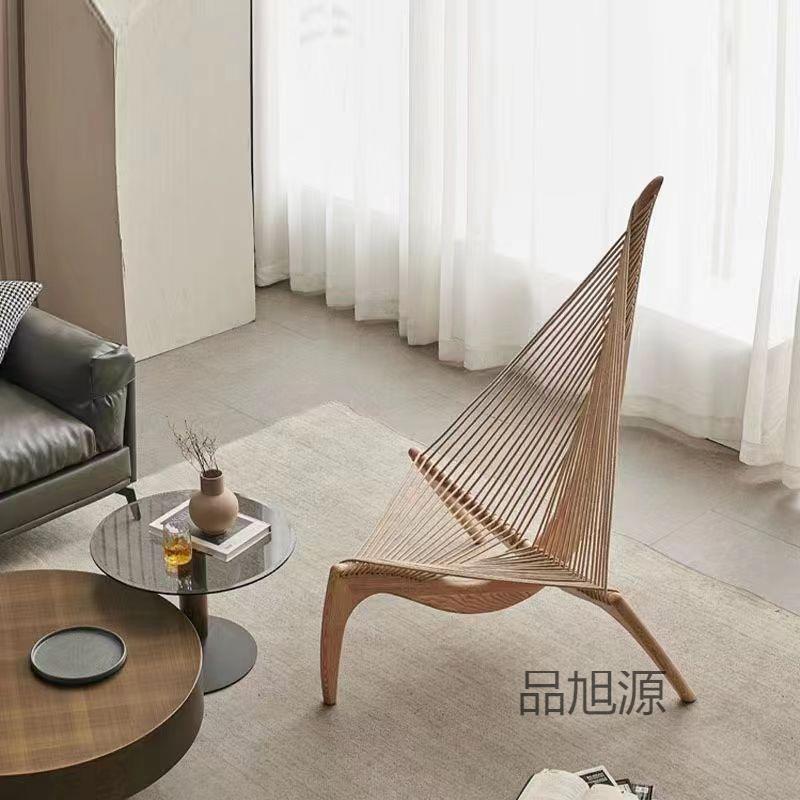 北欧实木帆船椅艺术民宿休闲沙发椅纯手工编织竖琴椅设计师款躺椅