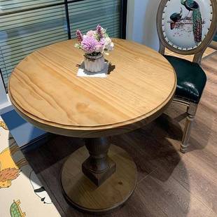 美式复古圆桌实木怀旧小桌子独脚咖啡桌甜品店法式餐桌中古侘寂风