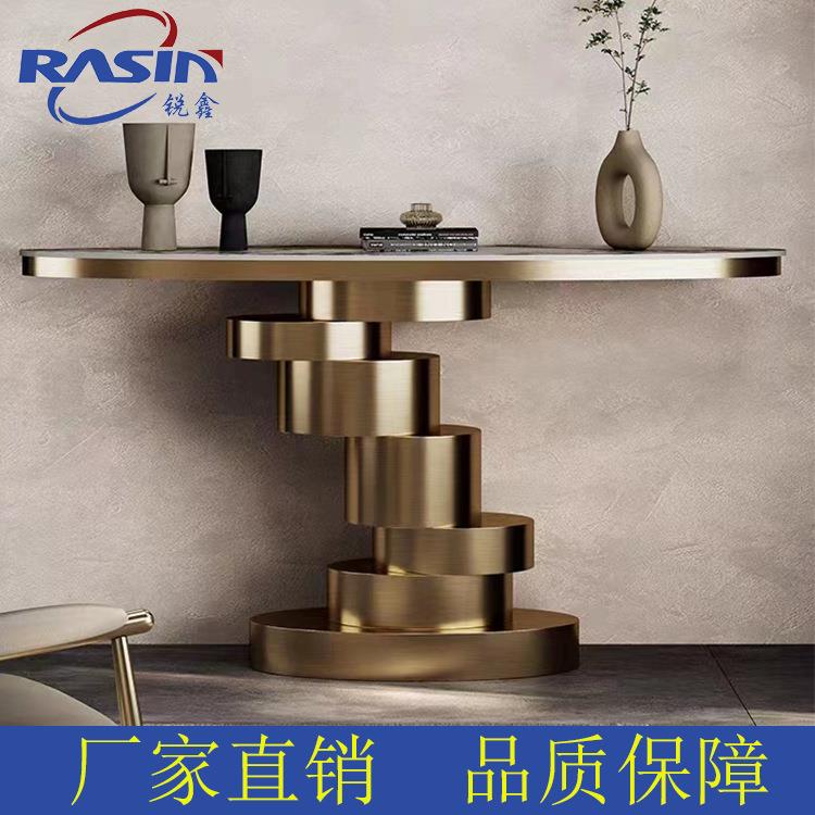 轻奢门厅入户现代简约不锈钢岩板走廊别墅大理石玄关桌椭圆型案几